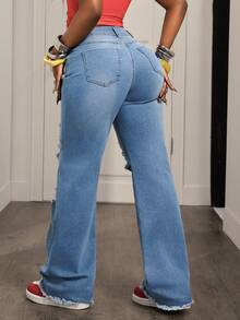 Slaydiva Women's Slim Fit Distressed Fashionable Casual Denim Jeans - Light Wash - View 2