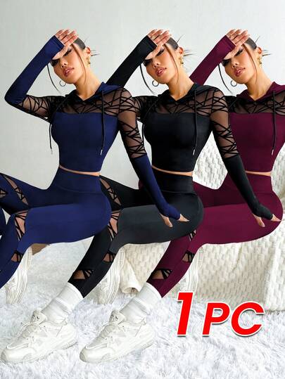 Easithlete Mesh Patchwork Sheer Hooded Neck Long Sleeve Top And High Waist Skinny Pants Sports Suit