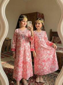 Tween Girls' V-Neck Floral Print Casual Loose Vacation Dress, Long Sleeve - Multicolor - View 4