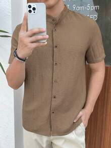 Mainfolk Men's Solid Khaki Short Sleeve Button-Up Casual Shirt,Slim Fit Lightweight Breathable Collarless Grandad Shirt,Summer Beach Wedding Textured Blouse - Apricot - View 5