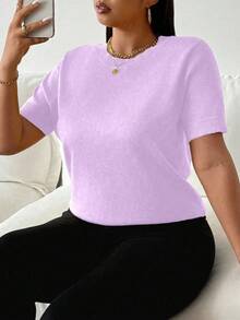 SHEIN LUNE 大码女式针织短袖圆领宽松毛衣 - 淡紫色 - 查看 3