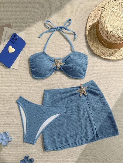 Soleia 女士夏季性感沙滩度假纯色纹理面料金属海星装饰露背系带挂脖比基尼套装，含罩衫和半身裙，三件套