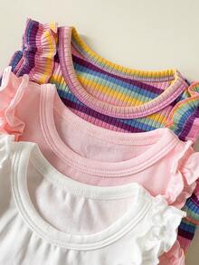 SHEIN Playful Pals 3件套女婴休闲上衣，包括纯粉色、杏色和条纹荷叶边袖背心，舒适亲肤，适合居家、度假或日常穿着。 - 彩色 - 查看 7