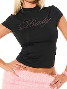 SUMWON WOMEN 露脐高领水钻图案短袖修身婴儿T恤，闪亮字母Logo黑色衬衫 - 黑色 - 查看 1