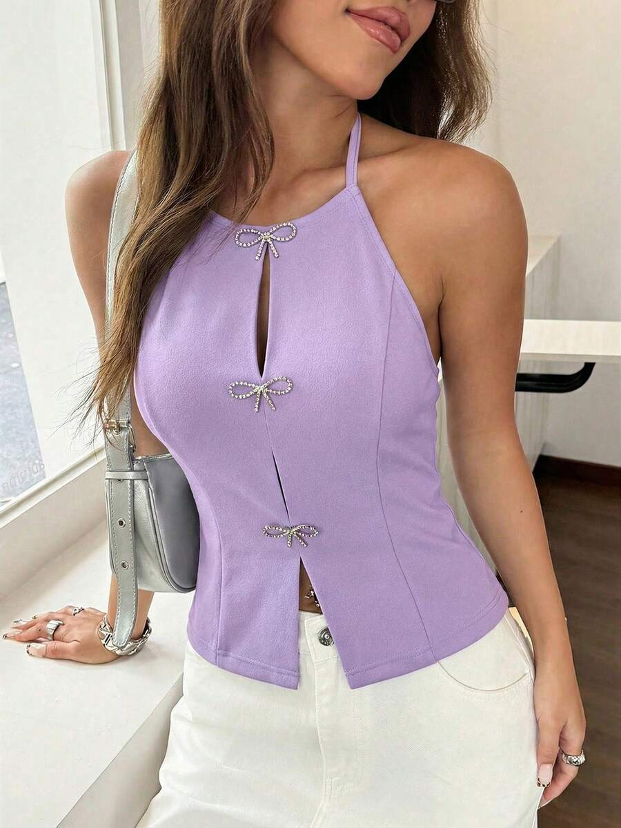 SHEIN EZwear 女士休闲针织纯色常规版型露背无袖吊带背心，淡紫色上衣，女士挂脖蝴蝶结装饰上衣，薰衣草色上衣，浅紫色上衣，淡紫色上衣，女士钥匙孔上衣，夏季可爱上衣，女士挂脖上衣，女士优雅高贵夏季上衣 - 紫丁香色 - 查看 1