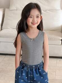 DAZY 3pcs Young Girls Fitted Vest Set With Bow Decor, Young Girl Fall Clothes Summer - Multicolor - View 14