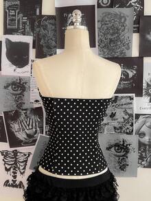Attitoon Blusa de mujer con estampado de lunares vintage, parches y encaje, adecuada para primavera, fiestas, Pascua, salir, color negro, para volver al colegio, con estilo vintage, sexy, linda, Y2K, estilo coco, bohemio, hippie, festivales de música, fiestas - Negro - Ver 2