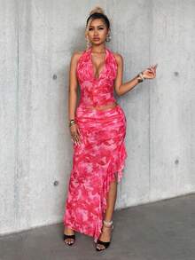 Eryvara Women's Vacation Style Printed Halter Backless Slit Dress (Printed Irregular Cut) - Tropical Pink - View 5