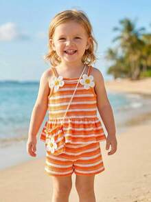SHEIN Playful Pals 2pcs/Set Young Girls Crochet Orange & White Striped Daisy Decor Camisole Top+Shorts+Bag,Summer Matching Family Vacation Cute Flower Kids Clothes Set - Orange - View 3