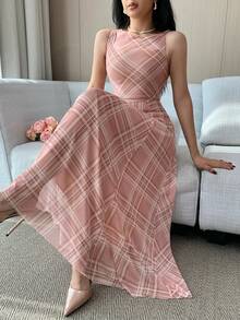 DAZY 女士优雅不对称中长连衣裙，无袖，夏季婚礼宾客礼服 - 粉色 - 查看 1