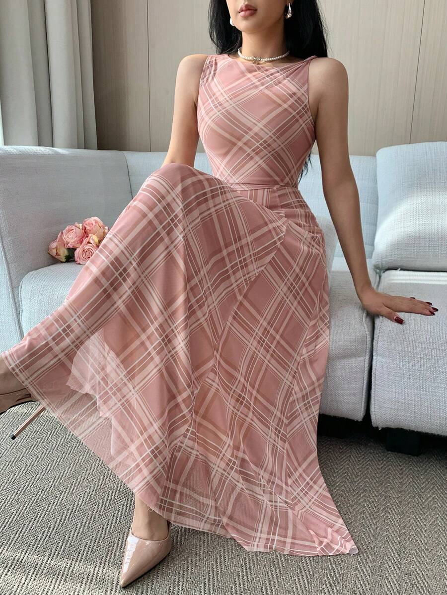 DAZY 女士优雅不对称中长连衣裙，无袖，夏季婚礼宾客礼服 - 粉色 - 查看 1