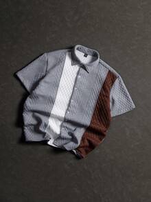 Manfinity Homme Herren Lässig Patchwork strukturiertes Kurzarm Hemd, Sommer - Grau - Übersicht 5