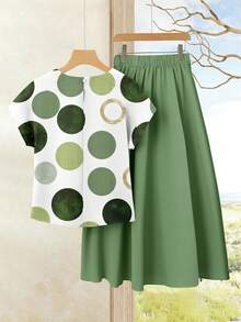 Rusticease Casual Minimalist Vacation Bohemian Elegant Romantic Retro Green Circle Polka Dot Print Pattern, Beach Outfit, Vacation Outfit, Summer Outdoor Women's Clothing, 2 Piece Loose Fitting Skirt And Top Set - Multicolor - View 2