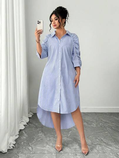 Elenzga 大码女式优雅翻领蓝白条纹七分袖修身连衣裙，春秋季