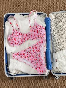 SHEIN Swim Pink Rose Jacquard Fabric Bralette Swimwear Set, Cute & Sweet Floral Two Pieces Swimwear - Pink - View 5