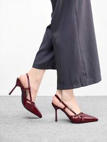 CUCCOO BIZCHIC Niche Design French Pointed Toe High Heels, French Elegance + Mature Sexy Style, Glossy Material, Criss-Cross Strap + Metal Buckle Decor, Suitable For Women, Daily Commute, Dating, Light Workplace And Other Occasions - Burgundy - View 3
