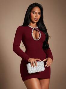 Radiana Elegante vestido mini ajustado con ribete de diamantes burdeos, vestido ajustado de manga larga con hombros acolchados, falda mini burdeos, vestido de fiesta mini burdeos, tela de punto elástica que se ajusta a las curvas, adecuado para gala, banquete, fiesta de Año Nuevo, cita, reunión, club, salida nocturna - Burdeos - Ver 2