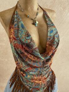 Soleia Áo hai dây nữ kiểu dáng thường ngày, chất liệu dệt kim, có họa tiết tua rua, thích hợp cho mùa cưới trên bãi biển, in hình mặt trời, cổ xếp ly, phù hợp cho các lễ hội âm nhạc và mọi mùa. - Nhiều màu - Xem 3