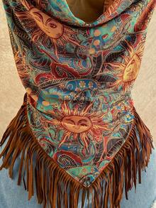 Soleia Áo hai dây nữ kiểu dáng thường ngày, chất liệu dệt kim, có họa tiết tua rua, thích hợp cho mùa cưới trên bãi biển, in hình mặt trời, cổ xếp ly, phù hợp cho các lễ hội âm nhạc và mọi mùa. - Nhiều màu - Xem 4