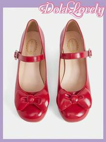 Dola Lovely Red Patent Leather High Heel Women's Shoes, Square Toe Bowknot Mary Jane Shoes, Sweet Lolita Style Energetic Everyday Wear - Red - View 1