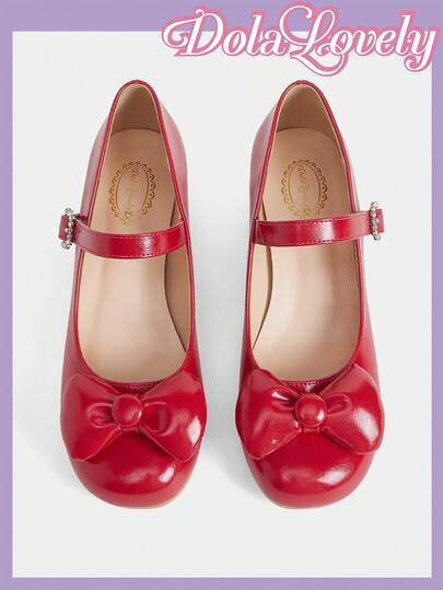 Dola Lovely Zapatos de mujer de tacón alto de cuero patentado rojo, zapatos Mary Jane con punta cuadrada y lazo, estilo Lolita dulce para uso diario enérgico