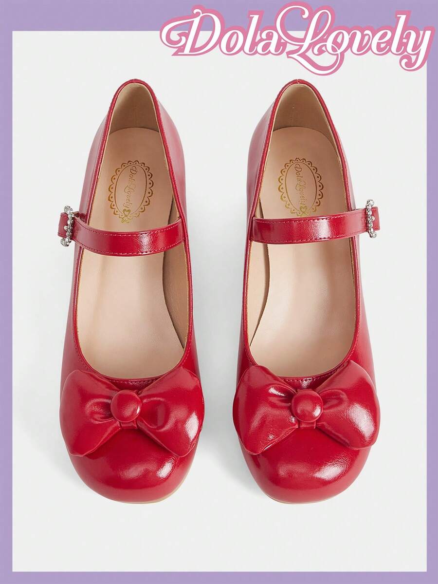 Dola Lovely Red Patent Leather High Heel Women's Shoes, Square Toe Bowknot Mary Jane Shoes, Sweet Lolita Style Energetic Everyday Wear - Red - View 1