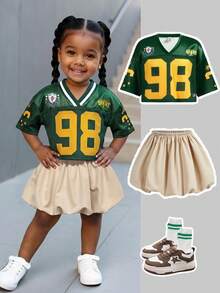 SHEIN 2pcs Baby Girl Knitted Letter & Number Pattern V-Neck Casual T-Shirt And Shorts Set - Multicolor - View 6