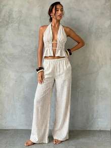 Aloruh Bộ đồ nữ mới về: Áo croptop không tay cổ yếm kẻ sọc và quần ống rộng, trang phục thường ngày cho kỳ nghỉ. - Nhiều màu - Xem 2
