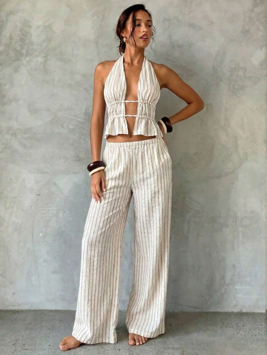 Aloruh Bộ đồ nữ mới về: Áo croptop không tay cổ yếm kẻ sọc và quần ống rộng, trang phục thường ngày cho kỳ nghỉ.
