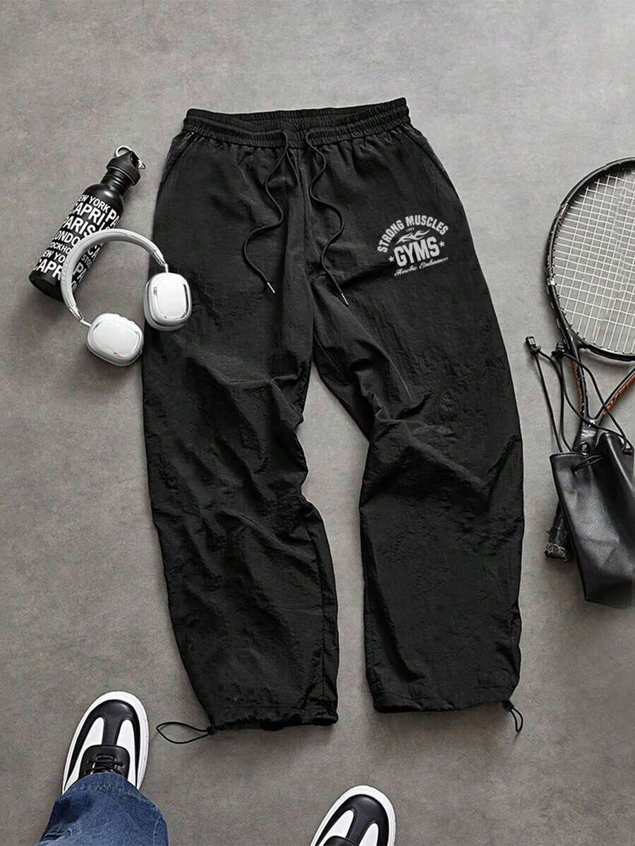 Sport MetroGents 男士休闲日常通勤字母印花抽绳腰运动裤 - 黑色 - 查看 1