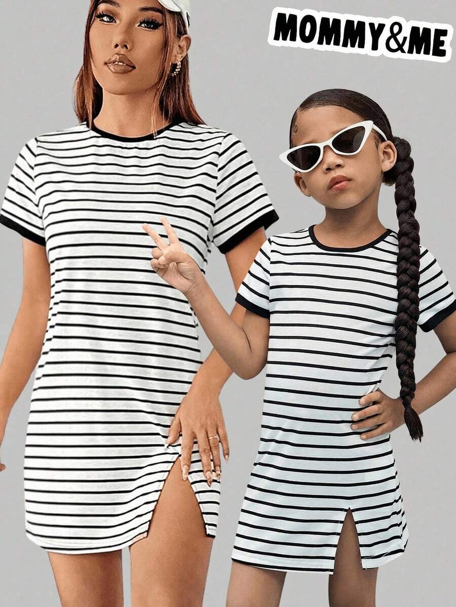 SHEIN 年轻女孩条纹针织圆领修身休闲连衣裙 - 黑與白 - 查看 1