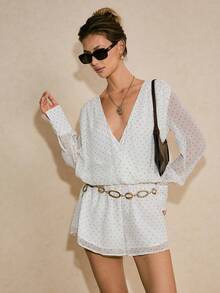 Poéselle 女士休闲波点印花束腰连体裤，夏季 - 白色 - 查看 4