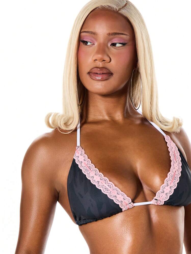 SUMWON WOMEN レーストリム付きホルターネック三角ビキニセット