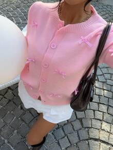 Muchica 女士粉色针织开衫，带蝴蝶结 - 粉色 - 查看 6