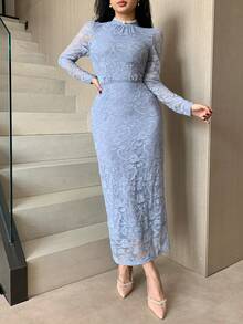 DAZY 女士优雅蕾丝立领中长连衣裙，春夏婚礼宾客礼服 - 藍色 - 查看 7