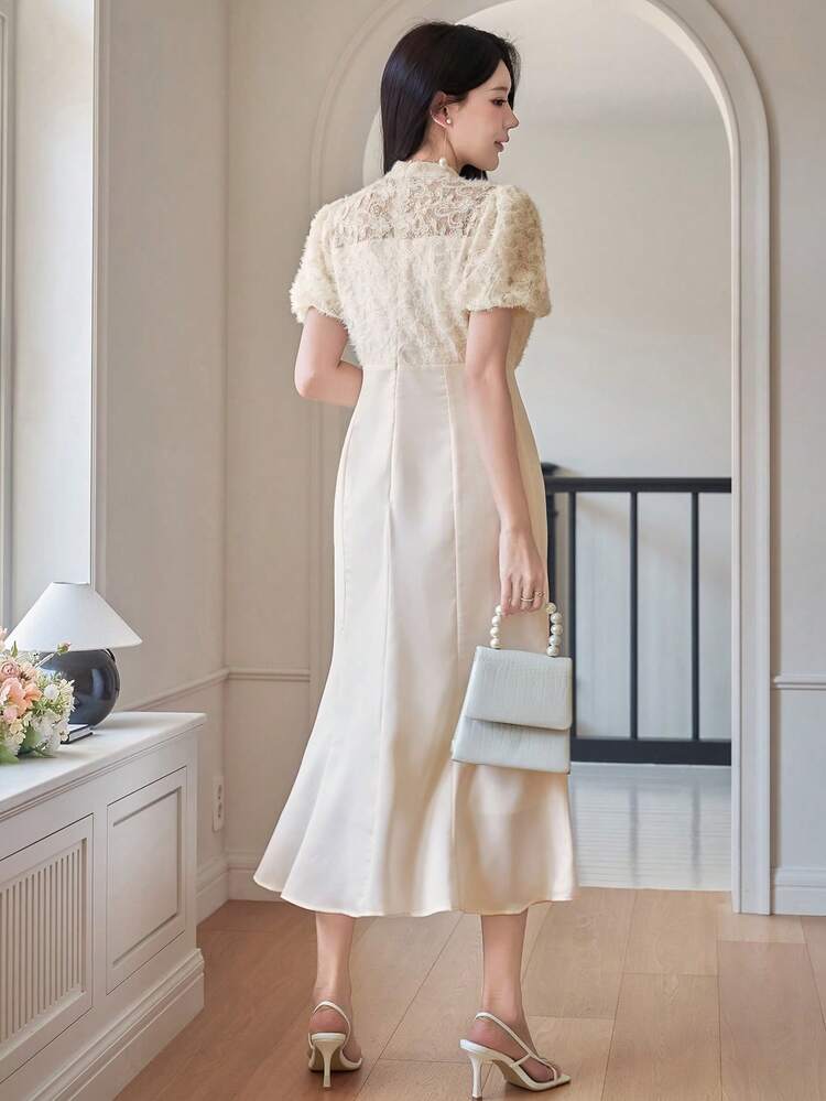 Women's Elegant Lace Patchwork Waist Fitted Mermaid Dress, Suitable For Parties, Spring/Summer Wedding Guest Dress Maxi Dress Sundress