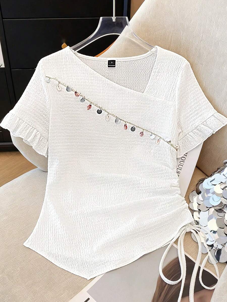 Franclia Floral Print Drawstring Side Asymmetrical Neck Tee - White - View 1