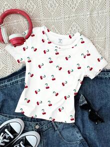 3 件套 Chill Vacation，Vacay Vibes 复古迷你樱桃海滩印花，多巴胺色，奶油黄，奶油白，少女休闲修身圆领短袖高腰短款常规 T 恤，适合夏季 - 彩色 - 查看 4