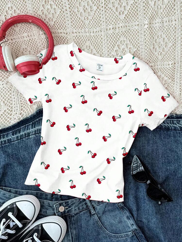 Set de 3 camisetas de manga corta, cuello redondo, cintura alta y corte regular con estampado vintage de cerezas en la playa, colores dopamina, crema amarillo y crema blanco, para adolescentes y chicas, apropiadas para el verano - Multicolor - Añade 4