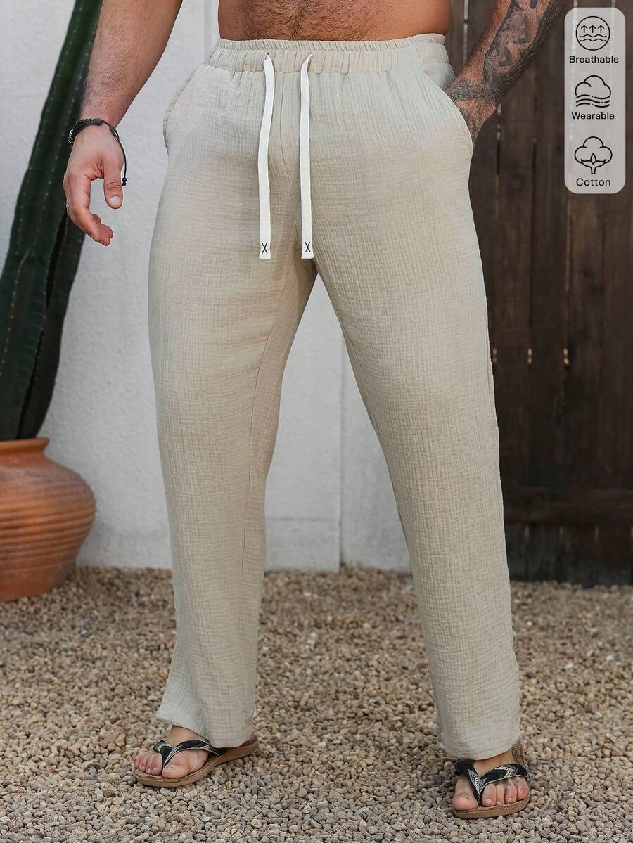 VENTUSAIL 男士纯色休闲裤，带口袋和抽绳，纹理褶皱棉质长裤 - 卡其色 - 查看 1