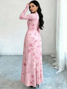 Al Najma 复古花卉纹理数码印花圆领长袖A字连衣裙，女士，春季 - 彩色 - 查看 2