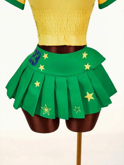 Amplova Streetwear Sexy Yellow-Green Color Numeric Star Pattern Low-Waist A-Line Pleated Skirt For Women