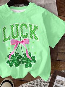 Tween Girls' St. Patrick's Day Bow & Clover T-Shirt,Light Green,Summer,Casual,School Minimalist Round Neck Short Sleeve Tee For Vacation,Festivals - Multicolor - View 6