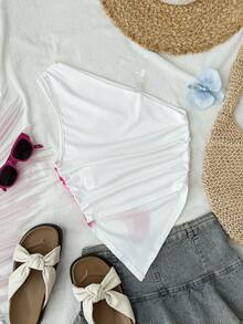 儿童夏季上衣，柔软舒适，适合青少年女孩的背心和吊带衫，休闲不对称印花衬衫，适合度假沙滩穿着，夏季图案T恤，可爱沙滩衬衫，夏季T恤，沙滩T恤，夏季女童T恤，夏季休闲上衣，夏季沙滩上衣，夏季女式上衣 - 白色 - 查看 2