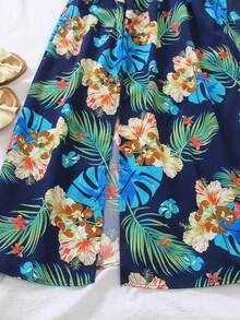 SHEIN Đầm maxi đi biển kiểu boho, cổ yếm, hở lưng, xẻ tà cao, in họa tiết hoa nhiệt đới cho bé gái tuổi teen. - Màu xanh lam - Xem 8