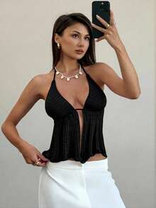 Aloruh Áo len móc cổ yếm buộc dây mùa hè cho nữ, màu hồng. - màu đen - Xem 6