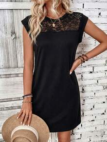 GlowEve Women's Solid Color Lace Patchwork Round Neck Casual Versatile Dress - Black - View 6