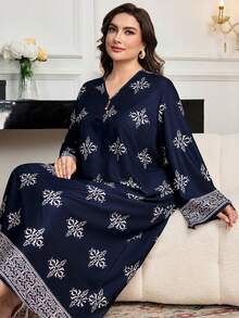 Al Najma Đầm cỡ lớn dành cho nữ, họa tiết hoa, cổ chữ V, thiết kế tua rua, kiểu Ả Rập. - Màu xanh hải quân - Xem 6