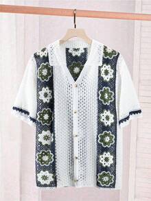 Manfinity CityGents Men's Summer Vacation Floral Pointelle Knit Button-Up Cardigan - White - View 1