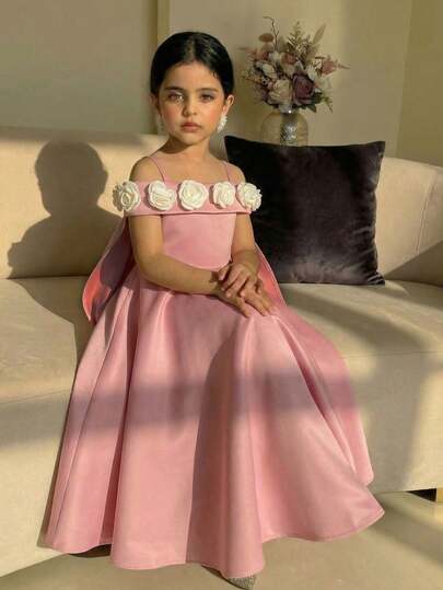 Young Girl Elegant & Cute Pink Floral Spaghetti Strap Off-Shoulder Dress, Birthday Party Dress